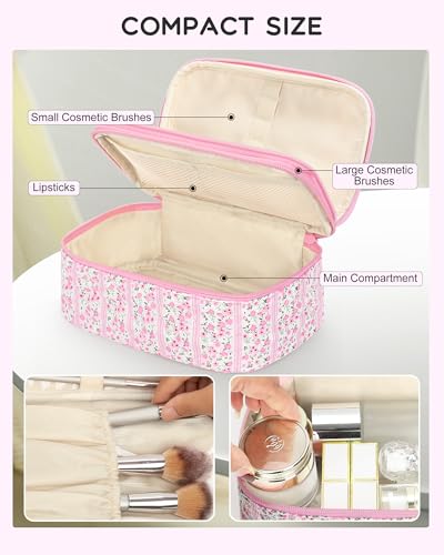 Relavel Cute Makeup Bag for Girls, Portable Pink Cosmetic Bag, Dual-layer Makeup Pouch with Brush Holder, Multi-Functional Preppy Toiletry Organizer for Travel, Daily Use - Pink Flower - color: 01C-Floral Pink, size: MEDIUM