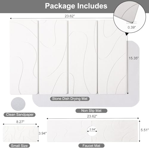 3 PCS Large Stone Dish Drying Mat for Kitchen Counter, Quick Dry Stone Dishes Mats, Sink Faucet Mat, Minimalist Water Absorbing Diatomaceous Earth Drying Pad for Countertop Tableware, Bottles - color: White Carving Lines