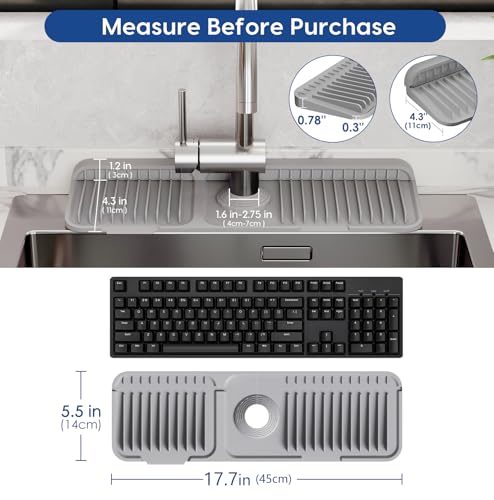 17.7 Inch Silicone Faucet Mat for Kitchen Sink Splash Guard - 7° Slope Upgraded Water Draining Mat with Fasten Button for Bathroom Area (Gray, 17.7''x5.5'') - color: Gray, size: 17.7''x5.5''