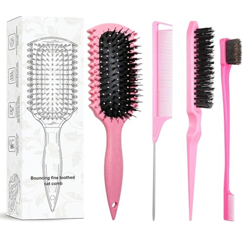 Brush, Curl Defining Brush with 3 Pcs Slick Back Hair Set Bristle Edge Control Teasing Comb, For Combing and Shaping in All Hairstyles to Reduce Pulling (Pink) - color: Pink