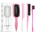 Brush, Curl Defining Brush with 3 Pcs Slick Back Hair Set Bristle Edge Control Teasing Comb, For Combing and Shaping in All Hairstyles to Reduce Pulling (Pink) - color: Pink