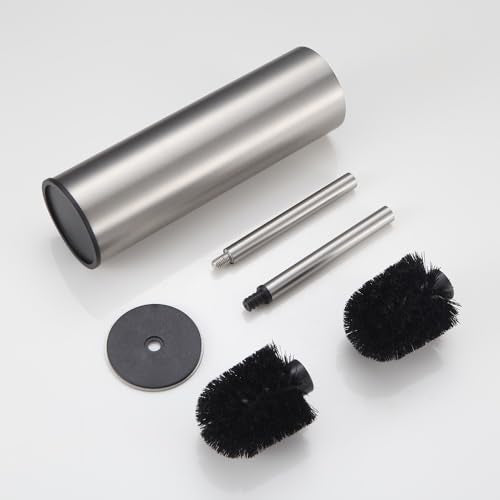 Toilet Brush and Holder Set Brushed Nickel Stainless Steel, 304 Heavy Duty Round Toilet Brush Set – Rust Resistant, Long Handle, Replacement Heads, Floor Standing Bathroom Toilet Cleaning - color: Brushed Nickel-round