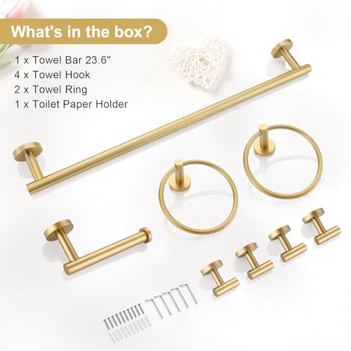 TQKAG 8-Pieces Bathroom Hardware Set Brushed Gold SUS304 Stainless Steel Bath Towel Bar Set 23.6 Inch Round Bathroom Accessories Kit Wall Mounted - color: Brushed Gold, size: 8-Pieces Set