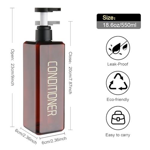 Shampoo and Conditioner Dispenser Shower Soap Bottles 3 Pack 550ml/18.6oz Refillable Shampoo Pump Bottle Dispenser Plastic Empty Body Wash Dispensers with Stylish Permanent Labels for Bathroom (Brown) - color: Brown