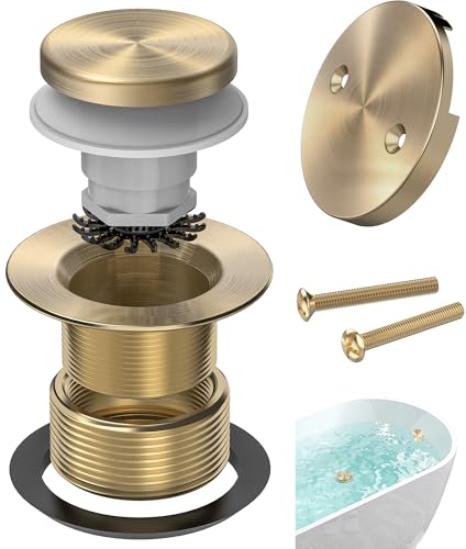 Brushed Gold Tub Drain Kit with Hair Catcher, Premium Brass Tip-Toe Bathroom Tub Drain Replacement and 2-Hole Overflow Faceplate, 11.5/16 UNC Bathtub Drain Stopper Assembly - color: Brushed Gold