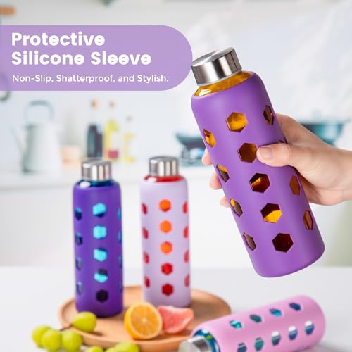 Mrsdry Glass Juice Bottles with Lids and Silicone Sleeves 18 oz, 4-Pack Reusable Clear Glass Water Bottles with Stainless Steel Airtight Cap for Juicing, Refrigerator, BPA Free Leak-Proof Drinking Jar - color: Purple