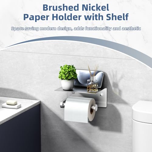 Toilet Paper Holder with Phone Shelf, APLusee SUS 304 Stainless Steel Bathroom Tissue Holder, Wall Mounted Roll Paper Dispenser, Brushed Nickel - color: Brushed Nickel, size: Single Rod