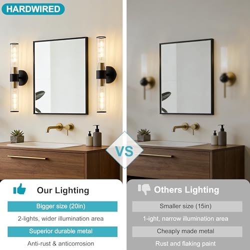 Bathroom Light Fixtures 2 Pack Hardwired, Black Gold Wall Sconce Threaded Glass Vanity Light Featuring Two E26 sockets, Bathroom Wall Light Dimmable - Bulb Not Included, UL Certification - color: Black Gold Threaded Glass-2Pack