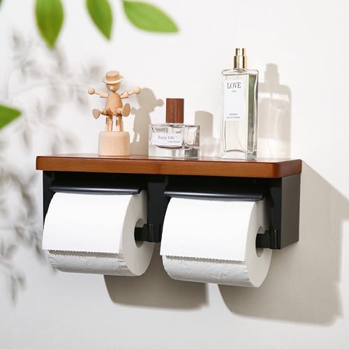 Toilet Paper Holder with Shelf- with Toilet Paper Cutting Function, Modern Toilet Paper Holder Wall Mounted for Bathroom Washroom (Wood Brown&Black, Double) - color: Wood Brown&black, size: Full