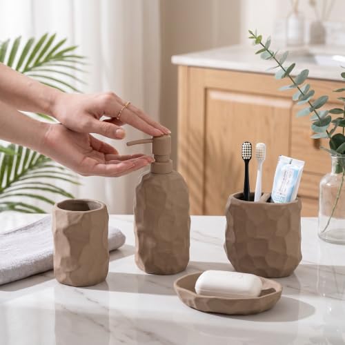 RQYIXI 4 Pcs Ceramic Bathroom Accessories Set,Matte Earth-Tone,Wabi-Sabi | Unglazed Sand Stoneware Boho Bathroom set includes: Soap Dispenser,Toothbrush Holder,Tumbler,Soap Dish - color: Engobe-4pcs
