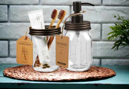 SheeChung Mason Jar Bathroom Accessories Set, 2Pcs Glass Bathroom Accessory Set, Soap Dispenser, Toothbrush Holder, Bathroom Decor, Rustic Farmhouse Decor - Bronze - color: Bronze, size: Liquid Dispenser