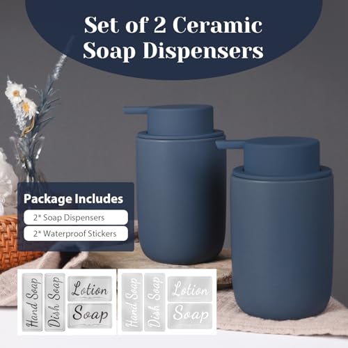 INGOFIN Ceramic Soap Dispenser Set, 2 Pack (12 oz) Bathroom Hand Soap Dispenser with Pump, Liquid Hand and Dish Dispenser Set with 8 Pcs Clear Stickers, for Kitchen -Matte Blue - color: Blue-liquid