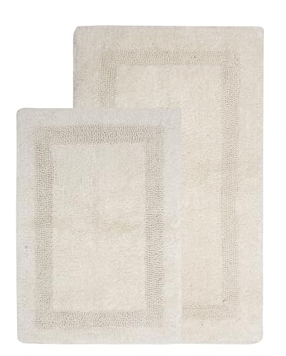 WOVEN ST. Reversible Cotton Bath Rugs | Area Rugs for Spa, Vanity Shower, Bathrooms, Kitchen, Bedroom | Water Absorbent Linens | 100% Cotton | Pack of 2 | 17’’ x 24’’ & 21’’ x 34’’ Inches | Ivory - color: Ivory, size: 17" x 24" (Rectangular) + 21" x 34" (