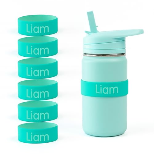 Mabel’s Labels Personalized Two-Tone Engraved Silicone Name Bands – Reusable Dishwasher-Safe Name Bands for Water Bottles, Sippy Cups & Drinkware (Teal & Light Green, 6 Pack) - color: Teal, size: 6 Count (Pack of 1)