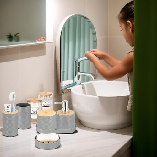 IMAVO Bathroom Accessory Set-11Pcs Grey Bathroom Accessories Set with Trash Can,Soap Dispenser,Soap Dish,Toothbrush Holder,Toothbrush Cup,Toilet Brush Holder,Qtip Holder Dispenser with Labels - color: Grey, size: 11 PCS Bathroom Set