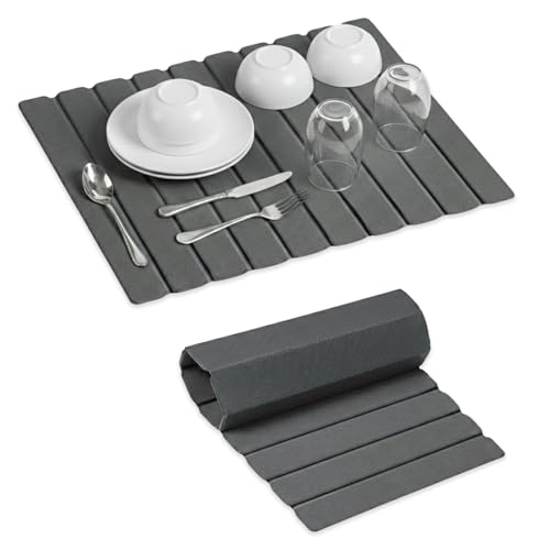 Stone Dish Drying Mat 24" x 16" – Dish Drying Stone Mat – Large Diatomaceous Earth Drying Mat with Non-Slip Base – Quick Dry Kitchen Drying Pad for Dishes, Glassware & Bottles (Solid Dark Grey) - color: Solid Dark Grey