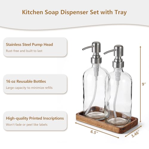 Clear Glass Soap Dispenser Set with Acacia Wood Tray, Refillable Hand Soap Pump Bottle for Kitchen, Bathroom Countertop, Modern Farmhouse Soap Dispenser Set - color: Clear
