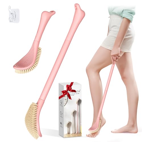New Foot Brush with Extra-Long Handle, 3-in-1 Foot Scrubber for Wet or Dry Brushing, Adjustable 10.2’’- 27.5’’Foot Scrub Brush for Senior, Pregnant, Disabled, or Injured, Gift-Box Packed(Pink) - color: Pink