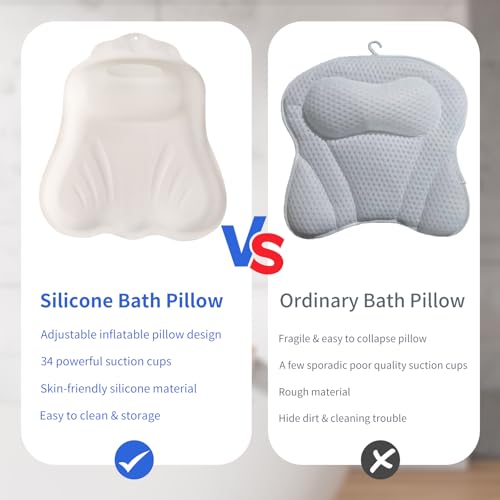 Goowin Bath Pillows for Tub, New Generation Skin-Friendly Silicone Bath Pillow, Luxury Bathtub Pillow for Head and Neck, Powerful Suction Tub Pillow for Bathtub with Inflatable Airbag (Off-White) - color: Off-white