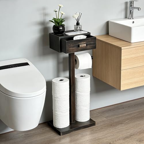 Freestanding Bathroom Toilet Paper Holder Stand with Shelf, Bamboo Toilet Paper Roll Holder with Wet Wipes Storage Drawer(Vintage Black) - color: Balck