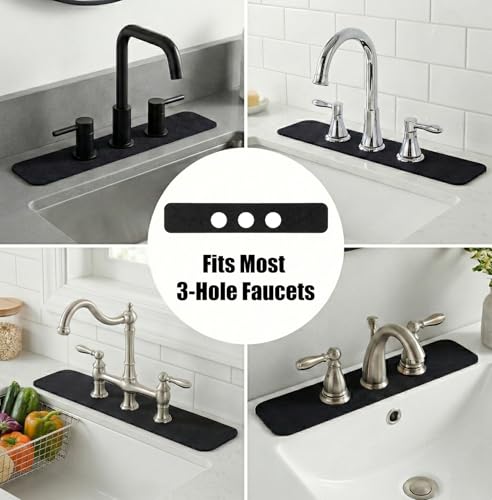 2PCS Kitchen Bathroom Faucet Mat for 3-Hole 8" Widespread Faucet, 24"x4.5" | Absorbent Splash Guard Fits Farmhouse, Vintage & Bridge Kitchen Vanity Faucets – Trimmable Drip Catcher for Irregular Sinks - color: Black, size: 24’’Lx4.5’’W