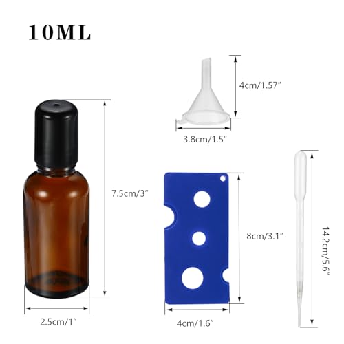 10ML Roller Bottles for Essential Oil, 4 Pack Empty Amber Glass Roller Bottle for Perfume Oil, Roll on Bottles with Stainless Steel Roller Balls, Opener, Funnel and Dropper - size: 10ml_4pcs