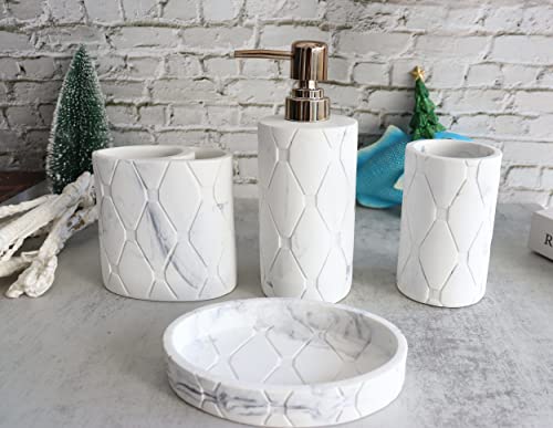 Hymmah Bathroom Accessories Set,Marble Design Toothbrush Holder,Farmhouse Bathroom Decor,4 Pcs Resin Gift Set Apartment Necessities, Contain Toothbrush Cup,Soap Dispenser,Soap Dish,Tumbler - color: White Marble
