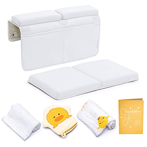 Bath Kneeler and Elbow Rest Pad, Extra Thick Baby Bath Kneeling Pad and Elbow Pad for Bathtub. Bath Tub Elbow Pad with Infant Toy and Baby Accessories Organizer, Off White Color - color: White