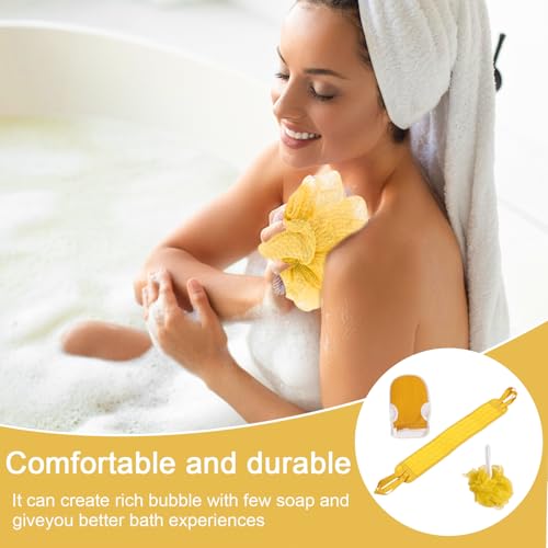 3 Pcs Exfoliating Bath Set with Back Scrubber Strap Shower Glove and Loofah Sponge for Deep Body Cleaning and Full Body Exfoliation(Yellow) - color: Yellow