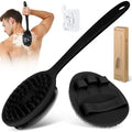 Silicone Back Scrubber & Bath Glove Set 2PCS, 13.4'' Gentle Shower Back Scrubber with Dual-Side Head Non-Slip Handle, 360° Anti-Slip Hand-fit Bath Glove for Rich Foaming Deep Cleaning(Black) - color: Black*2
