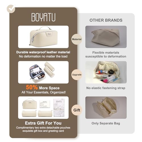 BOYATU Travel Makeup Bag Cosmetic Bags for Women: Large Capacity 3 Pcs Set Make up Bag with Compartments - Waterproof Vegan Leather Toiletry Organizer Bags with Handle (L27Off-white) - color: L27Off-white