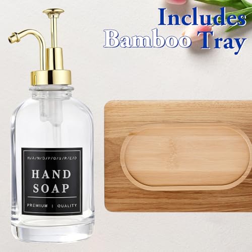 Glass Soap Dispenser with Pump,Tray,Funnel, Countertop Soap and Lotion Dispenser Set of 2 with 60 Stickers, Dish and Hand Soap Dispenser Bottle for Kitchen,Bathroom,Shower,500ml/16.9oz - color: Blk-5010-2g