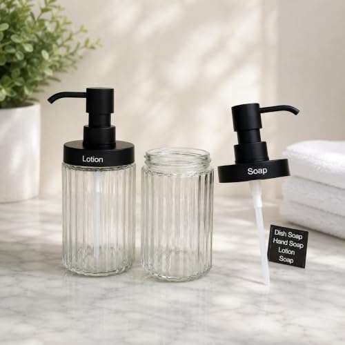 2 Pack Ribbed Clear Glass Soap Dispenser Set, 14.3 OZ Wide Mouth Refillable Hand & Dish Soap Dispensers with Matte Black ABS Pump, 4 Waterproof Labels, Bathroom Countertop & Kitchen Sink - color: Clear-glass