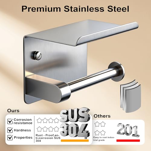 Toilet Paper Holder with Phone Shelf, Adhesive or Screw Wall Mount Toilet Tissue Roll Holder with 5 Stainless Hook,Rustproof and Bathroom Washroom Tissue Roll Holder with Storage Shelf - Silver