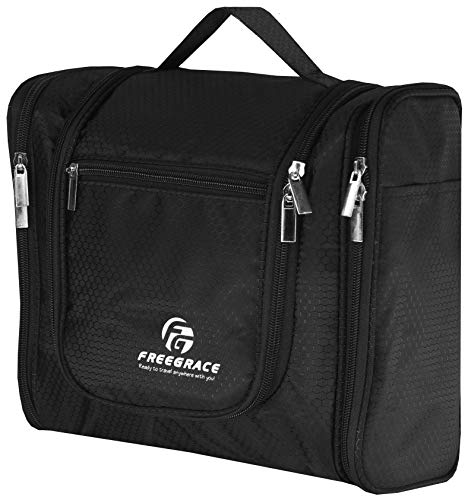 Freegrace Extra Large Hanging Toiletry Bag for Men and Women - Water-Resistant Nylon Travel Bathroom Organizer for Cosmetics, Makeup, and Toiletries - color: Black