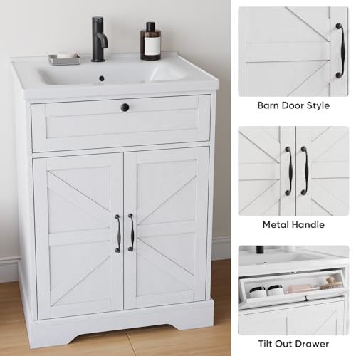 Smart FENDEE 23.62 inch Bathroom Vanity with Ceramic Sink, Farmhouse Bathroom Cabinet with Barn Door & Drawer, Freestanding Floor Storage Cabinet with Sink Combo Set, Soft White - color: White