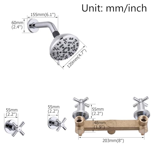 2 Handle Shower Faucet,Wall Mounted Two Handles Shower Faucet Set with 8 Modes Rainfall Shower Head,2 Knobs Single Function Shower Trim Kit with Rough-in Valve,Chrome - color: Chrome, style: 2 Handles-Single Function