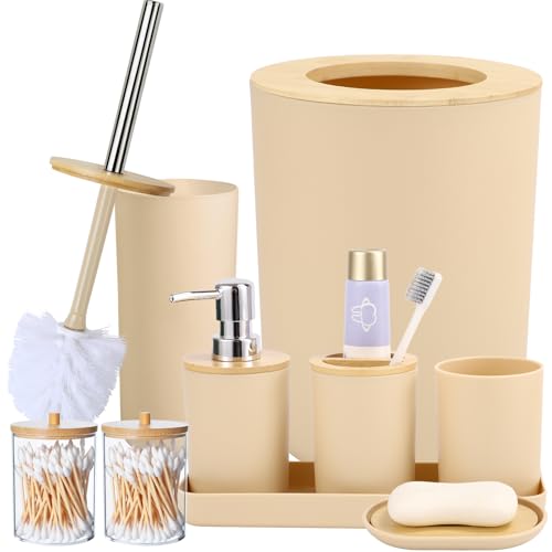 SLDIYWOW Bathroom Accessories, Beige Bathroom Accessories Sets Complete with Trash Can,Tray,Soap Dispenser,Toothbrush Holder,Toothbrush Cup,Soap Dish,Toilet Brush and Q-tip Holders for Bathroom - color: Beige