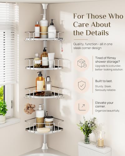 ALLZONE Corner Shower Caddy Tension Pole, 4 Hang-On Basket with Mixed-Height Shelves for Various Bottle Sizes, Extra Hooks & Soap Holder, Rustproof Stainless Steel, Fits 34–116 Inch, Silver/Dark Gray - color: Silver/Dark Gray