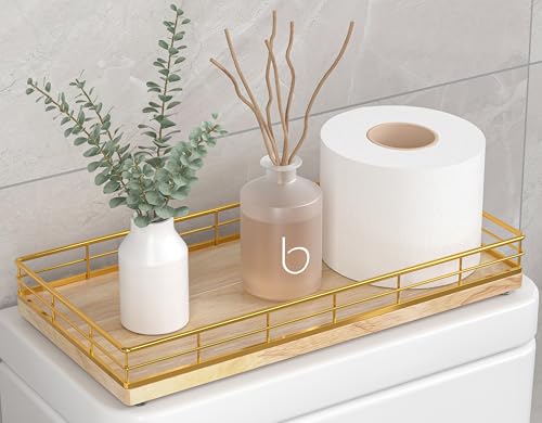 Toilet Paper Basket Organizer, Oak Wood Toilet Tank Tray with Metal Frame | Bathroom Counter Top Storage for Toilet Paper, Wipes & Decor, Modern Narrow Back of Tank Shelf Organizer, Gold & Natural Oak - color: Gold & Oak, size: 13" x 6.5" x 2"