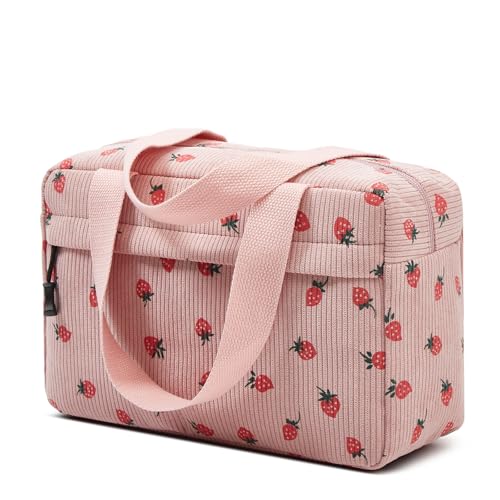 Large Makeup Bag for Women Corduroy Cosmetic bag Make up Bags Zipper Pouch with handle Cosmetic Organizer Toiletry Bag for Travel Storage - color: 6-Pink Strawberry