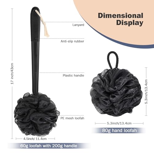 Non-Slip Back Scrubber with 17" Plastic Handle - Hand Shower Loofah & Loofah on a Stick Set, Black