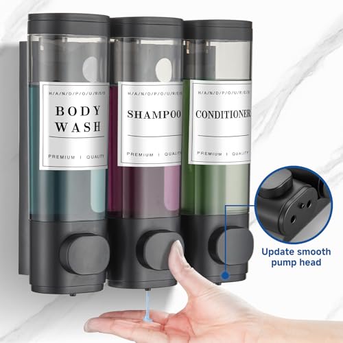 Shampoo and Conditioner Dispenser Shower Dispenser Body Wash Wall Mounted Shampoo Dispenser for Shower Wall No Drill for Bathroom Hotel 3 Chamber x 300ml Black with Waterproof Labels - color: Black 3