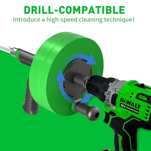 BACOENG 50Ft Drain Auger, Heavy Duty Plumbing Snake with Drill Adapter, Use Manually or Powered for Drain Clog, Shower Sink, Comes with Gloves and Bag (Green) - color: Green-50FT
