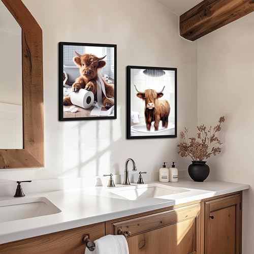 Highland Cow Bathroom Decor Set of 3, Funny Brown Cute Highland Cow Wall Art Paintings, Vintage Rustic Farmhouse Canvas Pictures Posters Prints for Bathroom, Restroom Black Wood Framed 16x24 Inch - color: Yellow Cow Black Frame, size: 24L" x 16W"