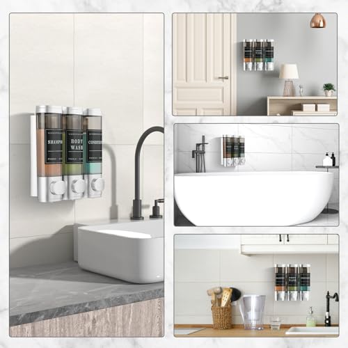 Shower Soap Dispenser Wall Mounted No Drill Shampoo Dispenser for Shower Wall Shampoo and Conditioner Dispenser Bathroom Hotel 3 * 300ml with Waterproof Labels Sliver - color: Silver