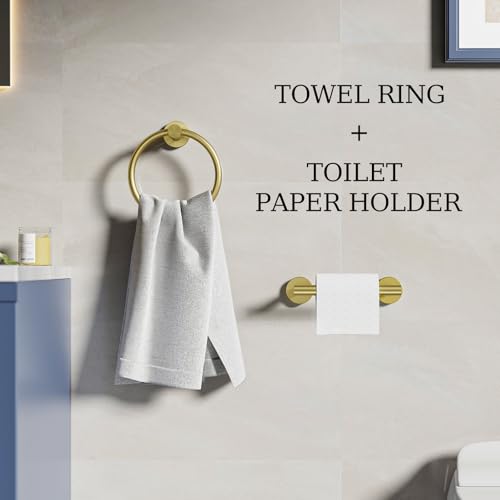 Brushed Gold Toilet Paper Holder & Towel Holder, Bathroom Hardware Set-SUS304 Stainless Steel Double Post Pivoting Tissue Roll Holder and Hand Towel Ring Set for Bathroom, RV - color: Brushed Gold