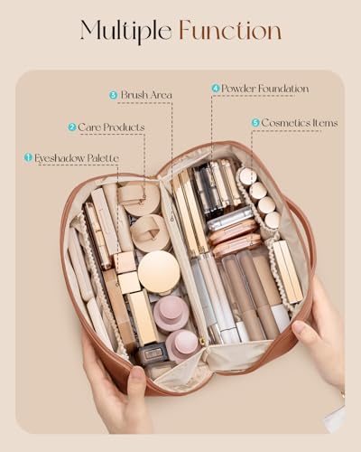 VLANDO Makeup Bag,Travel Toiletry Bag,Cosmetic Bag for Women PU Leather Portable Make up Bag for Skincare, Brushes & Travel Essentials-Brown - color: 02.Brown