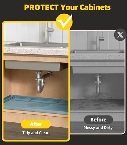 Wohbay Under Sink Mats for Kitchen Waterproof, 34" X 22" Or Smaller Cut to Fit Under Sink Drip Tray for Kitchen Bathroom Cabinets, Silicone Sink Liner Hold Up to 3.3 Gallons Liquid - Teal - color: Teal