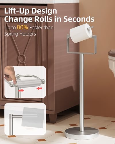 RUACQ Toilet Paper Holder Free Standing, Stainless Steel Toilet Paper Holder Stand with Weighted Base, Bathroom Toilet Paper Holder Free Standing, Floor Tissue Roll Holder (Brushed Nickel, 1Pack) - color: Brushed Nickel, size: Free Standing